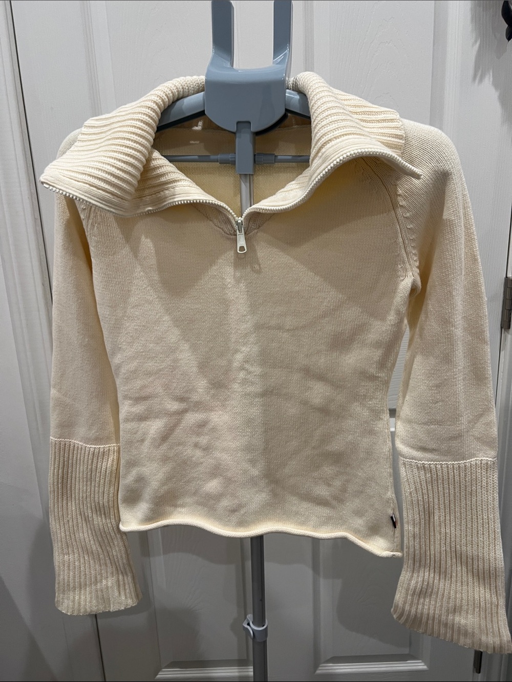 Tommy Hilfiger Cream Zip-Collar Ribbed Cuff Sweater